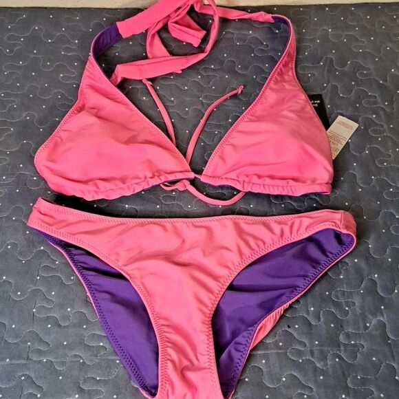 No Boundaries purple / pink reversible triangle bikini set - New - Picture 1 of 3